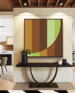 Quadro Quadrado Abstrato Listras Verde Bronze Marrom Geométrico Canvas Moldura