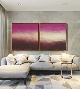 Duo de Quadros Quadrados Abstrato Rosa Bege Vinho Efeito Pintura Canvas Moldura