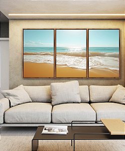 Trio de Quadros Mar Turquesa Sol Claro Vivo Praia Canvas Moldura
