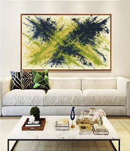 Quadro Horizontal Abstrato Azul Marinho Verde Limão Areia Canvas Moldura