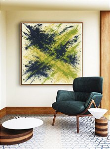 Quadro Quadrado Abstrato Azul Marinho Verde Limão Areia Canvas Moldura