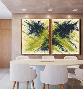 Duo de Quadros Abstrato Azul Marinho Verde Limão Areia Canvas Moldura
