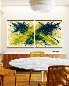 Duo de Quadros Quadrados Abstrato Azul Marinho Verde Limão Areia Canvas Moldura