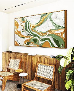Quadro Horizontal Abstrato Verde Dourado Branco Mármore Canvas Moldura