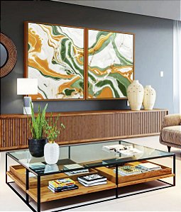 Duo de Quadros Abstrato Verde Dourado Branco Efeito Marmóre Canvas Moldura