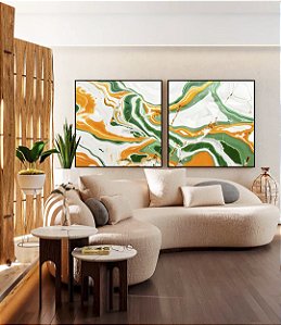 Duo de Quadros Quadrados Abstrato Verde Dourado Branco Efeito Marmóre Canvas Moldura