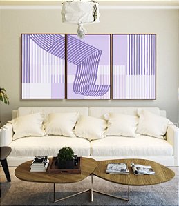 Trio de Quadros Abstrato Listras Roxo Lavanda Geométrico Canvas Moldura