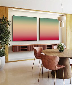 Duo de Quadros Quadrados Abstrato Degradê Turquesa Marfim Rosa Canvas Moldura