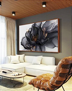 Quadro Horizontal Flor Abstrata Fumê Preto Dourado Branco Canvas Moldura