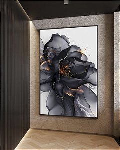 Quadro Vertical Flor Abstrata Fumê Preto Dourado Branco Canvas Moldura