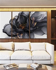 Trio de Quadros Flor Abstrata Fumê Preto Dourado Branco Canvas Moldura