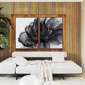 Duo de Quadros Flor Abstrata Fumê Preto Dourado Branco Canvas Moldura