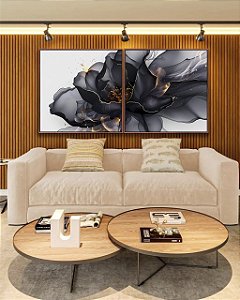 Duo de Quadros Quadrados Flor Abstrata Fumê Preto Dourado Canvas Moldura