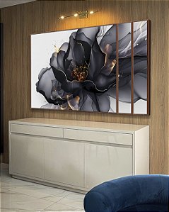 Trio de Quadros Estilizados Flor Abstrata Fumê Preto Dourado Branco Canvas Moldura