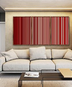 Trio de Quadros Abstrato Degradê Listras Vermelho Carmim Salmão Canvas Moldura