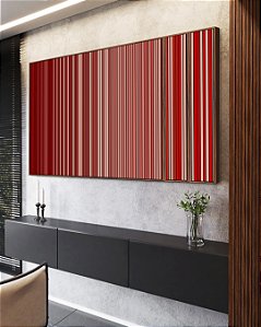 Trio de Quadros Estilizados Abstrato Degradê Listras Vermelho Carmim Salmão Canvas Moldura