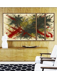 Trio de Quadros Estilizados Abstrato Verde Oliva Vermelho Carmim Efeito Pintura Canvas Moldura