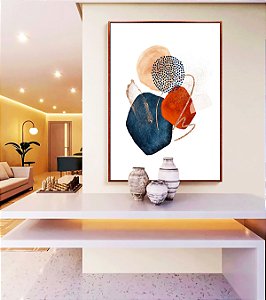 Quadro Vertical Abstrato Minimalista Formas Azul Terracota Canvas Moldura