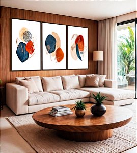 Trio de Quadros Abstrato Minimalista Formas Azul Terracota Canvas Moldura