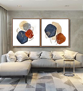 Duo de Quadros Quadrados Abstrato Minimalista Formas Azul Terracota Canvas Moldura