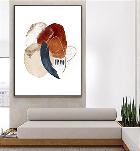 Quadro Vertical Abstrato Formas Minimalista Terracota Azul Canvas Moldura
