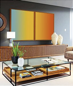 Duo de Quadros Abstrato Degradê Azul Amarelo Ouro Laranja Tangerina Canvas Moldura
