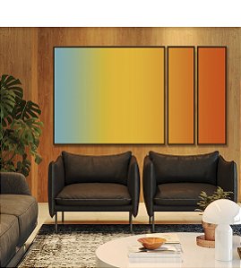 Trio de Quadros Estilizados Abstrato Degradê Azul Amarelo Ouro Laranja Tangerina Canvas Moldura