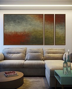 Trio de Quadros Estilizados Verde Oliva Vermelho Carmim Azul Acinzentado Textura Canvas Moldura