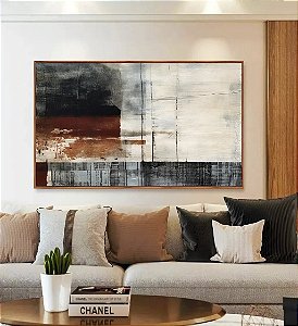 Quadro Horizontal Abstrato Terracota Cinza Preto Textura Canvas Moldura