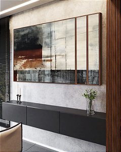 Trio de Quadros Estilizados Abstrato Terracota Cinza Preto Textura Canvas Moldura