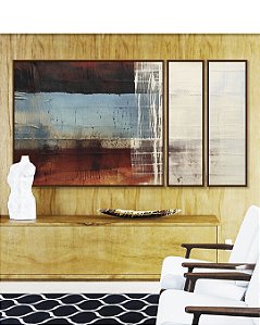 Trio de Quadros Estilizados Abstrato Terracota Azul Cinza Preto Textura Canvas Moldura