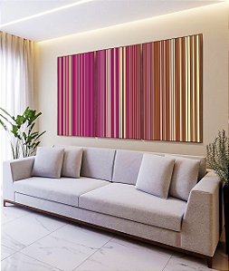 Trio de Quadros Abstrato Degradê Listras Rosa Choque Bege Caramelo Canvas Moldura