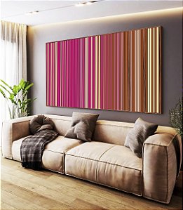 Trio de Quadros Estilizados Abstrato Degradê Listras Rosa Choque Bege Caramelo Canvas Moldura