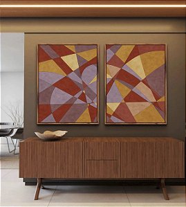 Duo de Quadros Abstrato Mosaico Vermelho Carmim Lilás Bronze Bordô Canvas Moldura