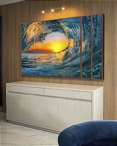 Trio de Quadros Estilizados Mar Azul Onda e Pôr do Sol Natureza Canvas Moldura