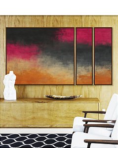 Trio de Quadros Estilizados Abstrato Rosa Choque Cinza Chumbo Caramelo Canvas Moldura