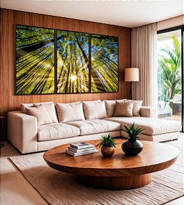 Trio de Quadros Floresta Céu Azul Luzes do Sol Árvores Natureza Canvas Moldura