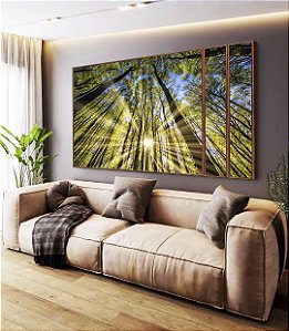 Trio de Quadros Estilizados Floresta Céu Azul Luzes do Sol Árvores Natureza Canvas Moldura