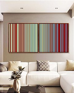 Duo de Quadros Quadrados Abstrato Degradê Listras Verde Menta Vermelho Tijolo Azul Canvas Moldura
