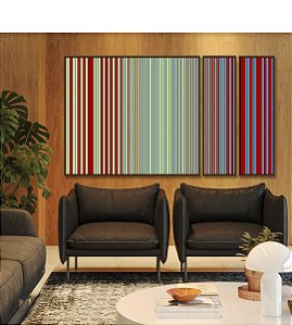 Trio de Quadros Estilizados Abstrato Degradê Listras Verde Menta Vermelho Tijolo Azul Canvas Moldura