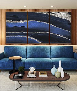 Trio de Quadros Abstrato Cores Tons de Azul Prateado Textura Canvas Moldura