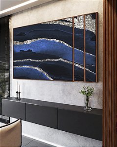 Trio de Quadros Estilizados Abstrato Cores Tons de Azul Prateado Textura Canvas Moldura