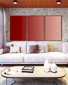 Trio de Quadros Abstrato Degradê Vermelho Carmim Rosa Salmão Canvas Moldura