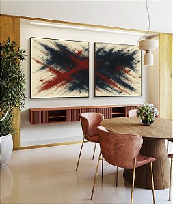 Duo de Quadros Quadrados Abstrato Azul Vermelho Bordô Coral Textura Canvas Moldura