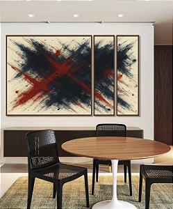 Trio de Quadros Estilizados Abstrato Azul Vermelho Bordô Coral Textura Canvas Moldura