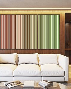 Trio de Quadros Abstrato Degradê Listras Rosa Salmão Verde Menta Canvas Moldura