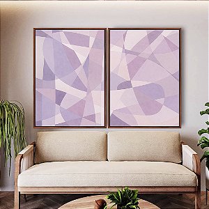 Duo de Quadros Abstrato Mosaico Roxo Lavanda Rosa Branco Canvas Moldura