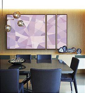Trio de Quadros Estilizados Abstrato Mosaico Roxo Lavanda Rosa Branco Canvas Moldura