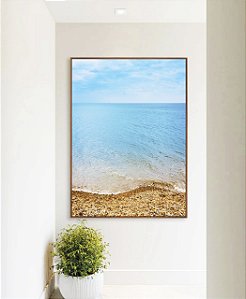 Quadro Vertical Mar Azul Céu Claro Praia e Pedras Natureza Canvas Moldura