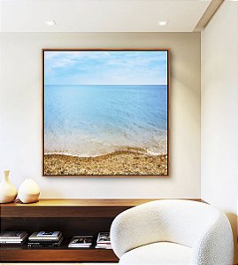 Quadro Quadrado Mar Azul Céu Claro Praia e Pedras Natureza Canvas Moldura
